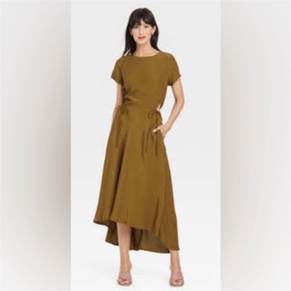 A26‎ A New Day Brown Midi DressLightweight Cutout asymmetrical HemTie Back Sz M